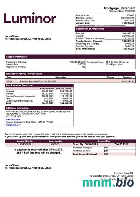 Łotwa Luminor Bank AS wyciąg z kredytu hipotecznego szablon Word i PDF